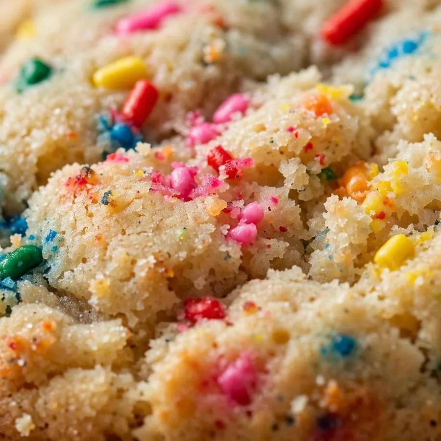 Extreme close-up of colorful confetti sprinkles baked into vanilla cake crumb