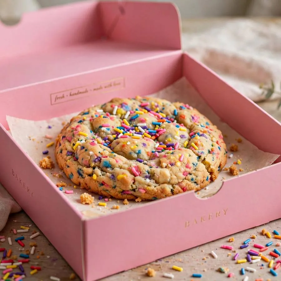 Confetti cake cookie served in a pink bakery box
