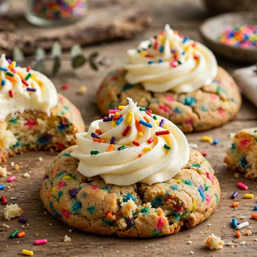 Confetti cake cookie beside vanilla cake, rainbow sprinkles and buttercream frosting on a wooden table
