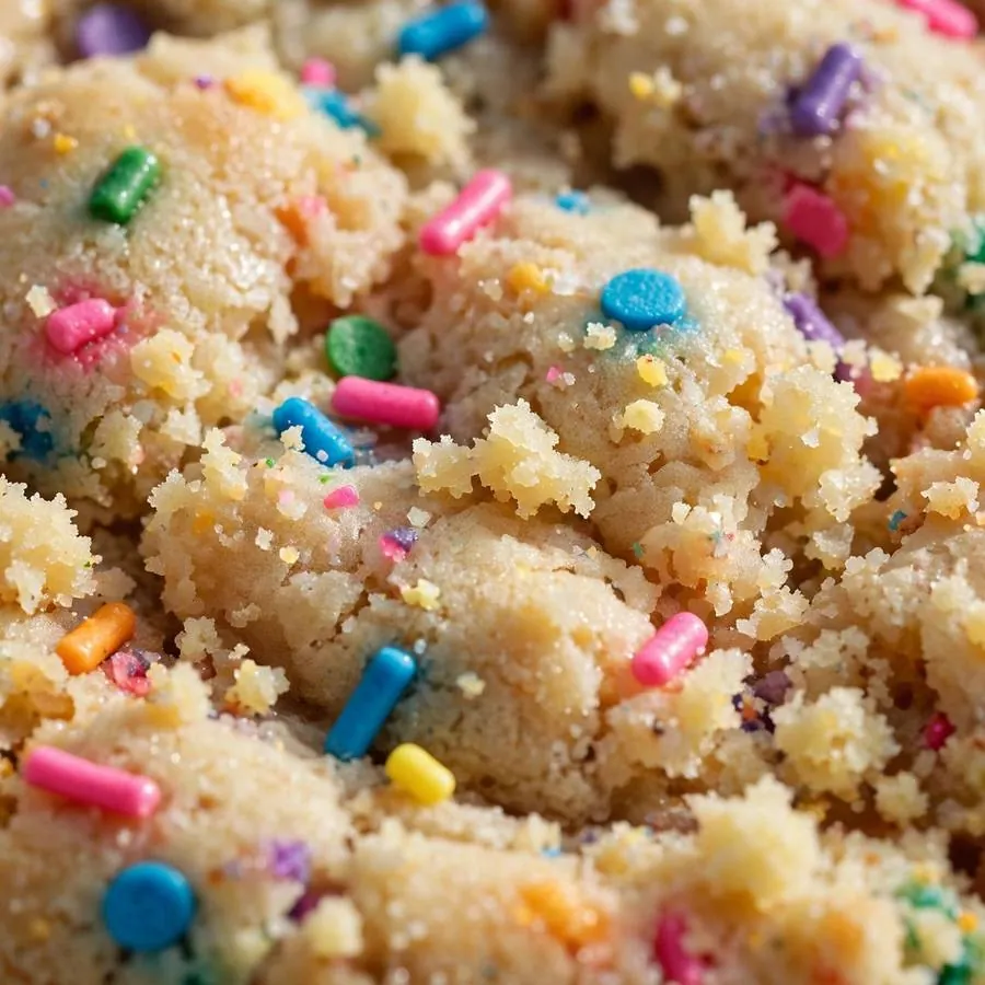 Confetti sprinkles in cake batter on Confetti Cake Crumbl Cookie