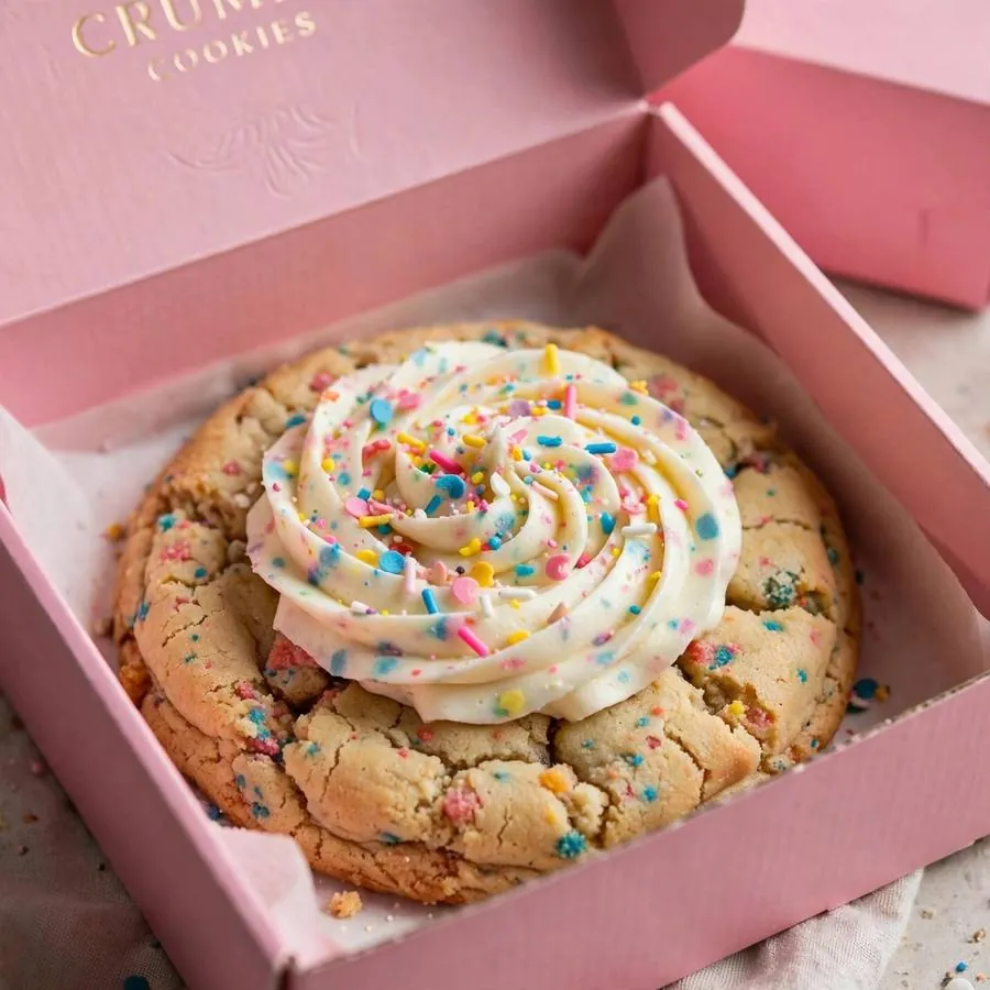 Confetti Cake Crumbl Cookie in a pink bakery box