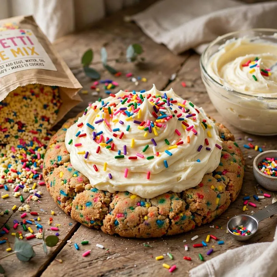 Confetti Cake Crumbl Cookie with rainbow sprinkles, cake mix and vanilla frosting