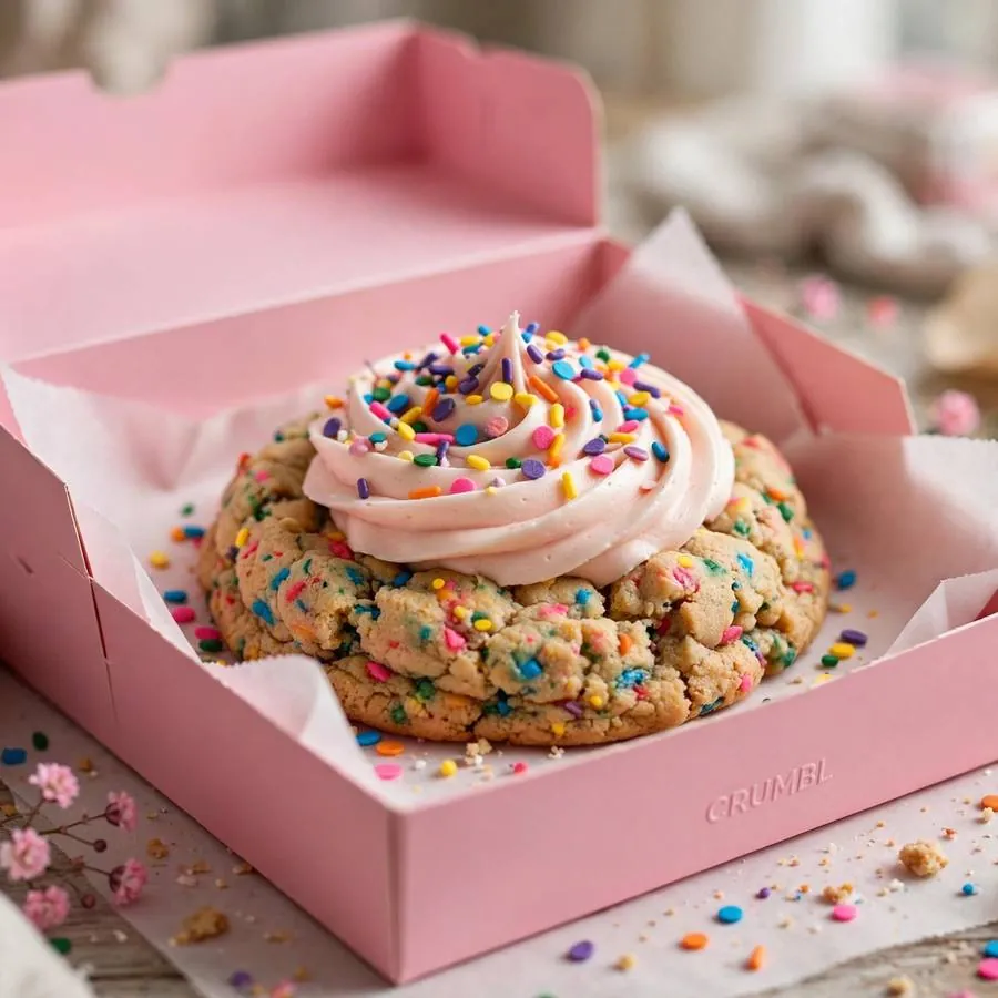 Confetti Crumbl Cookie in a pink bakery box Confetti Crumbl Cookie in a pink bakery box