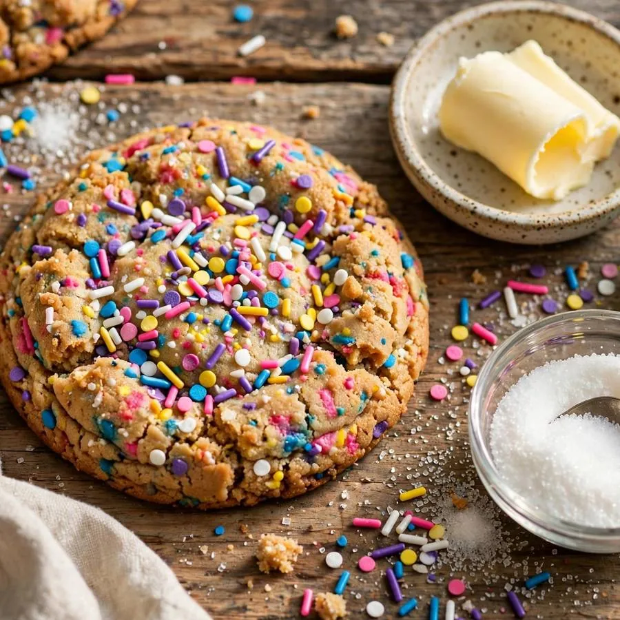 Confetti Crumbl Cookie with confetti sprinkles, sugar and butter Confetti Crumbl Cookie with confetti sprinkles, sugar and butter