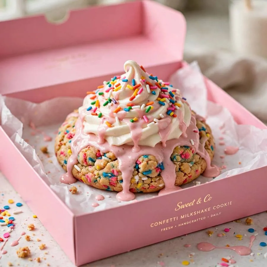 Confetti milkshake cookie presented in a pink Crumbl bakery box Confetti milkshake cookie presented in a pink Crumbl bakery box