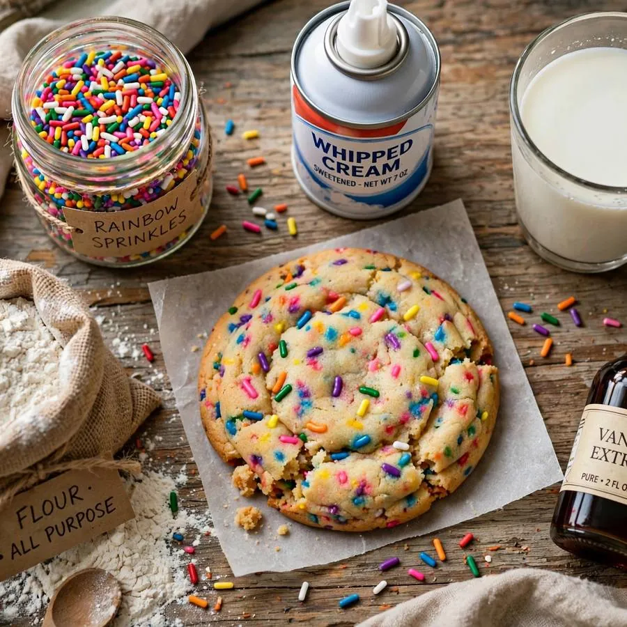 Confetti milkshake cookie with sprinkles, whipped cream and milk on a wooden table Confetti milkshake cookie with sprinkles, whipped cream and milk on a wooden table