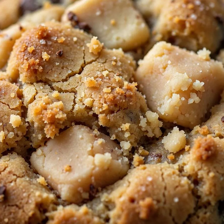Edible cookie dough chunks studded through the golden baked cookie