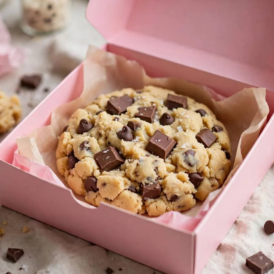 Cookie dough cookie presented in a pink Crumbl bakery box