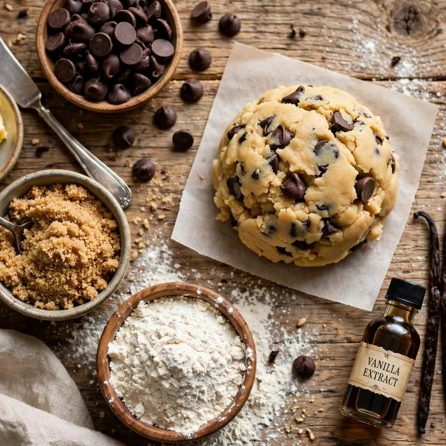 Cookie dough cookie with chocolate chips, butter, brown sugar and eggs on a wooden table