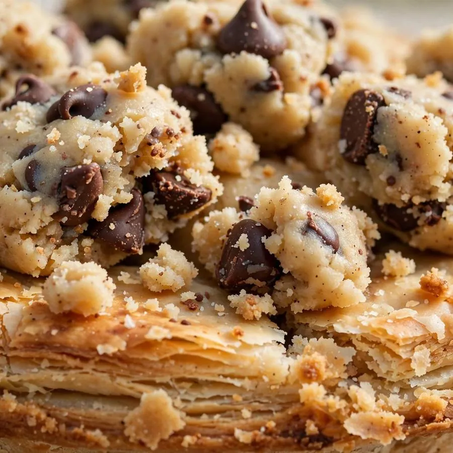 Extreme close-up of the Cookie Dough Pie Crumbl Cookie showing edible chocolate-chip cookie dough chunks on flaky pie crust detail