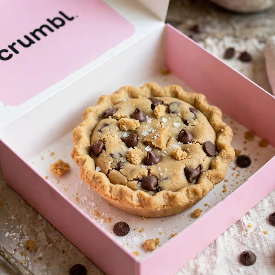 Cookie Dough Pie Crumbl Cookie served in a pink bakery box