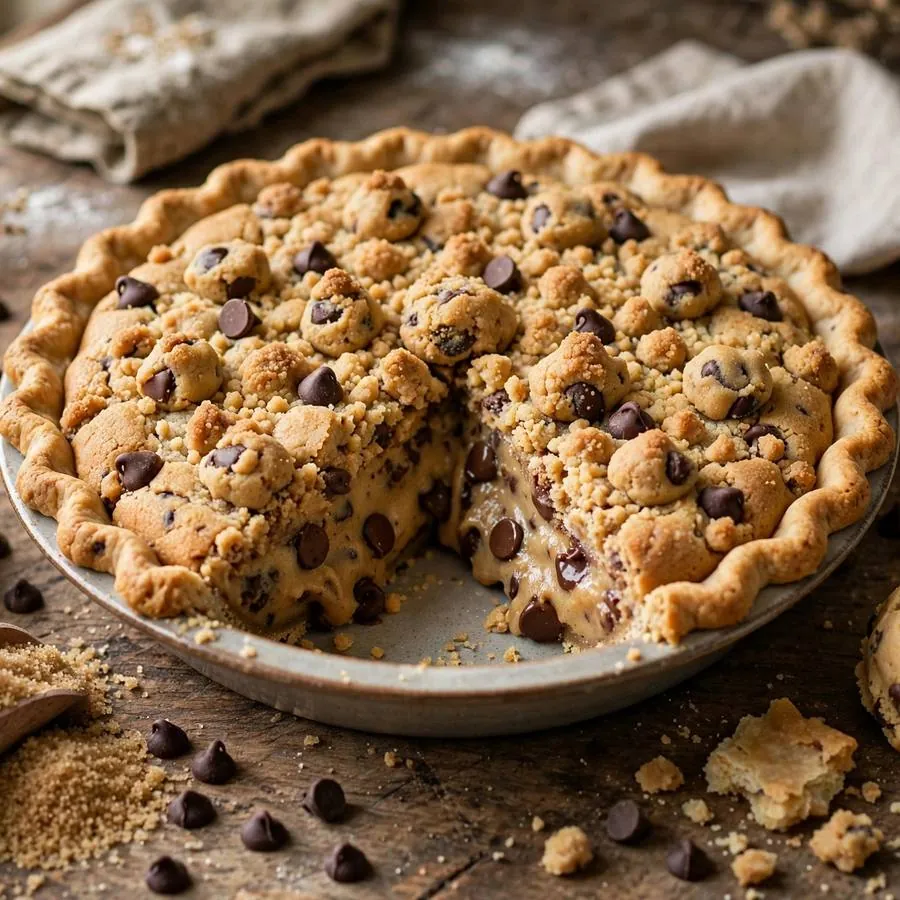 Cookie Dough Pie Crumbl Cookie with chocolate chip cookie dough, pie crust and brown sugar arranged on a rustic wooden table