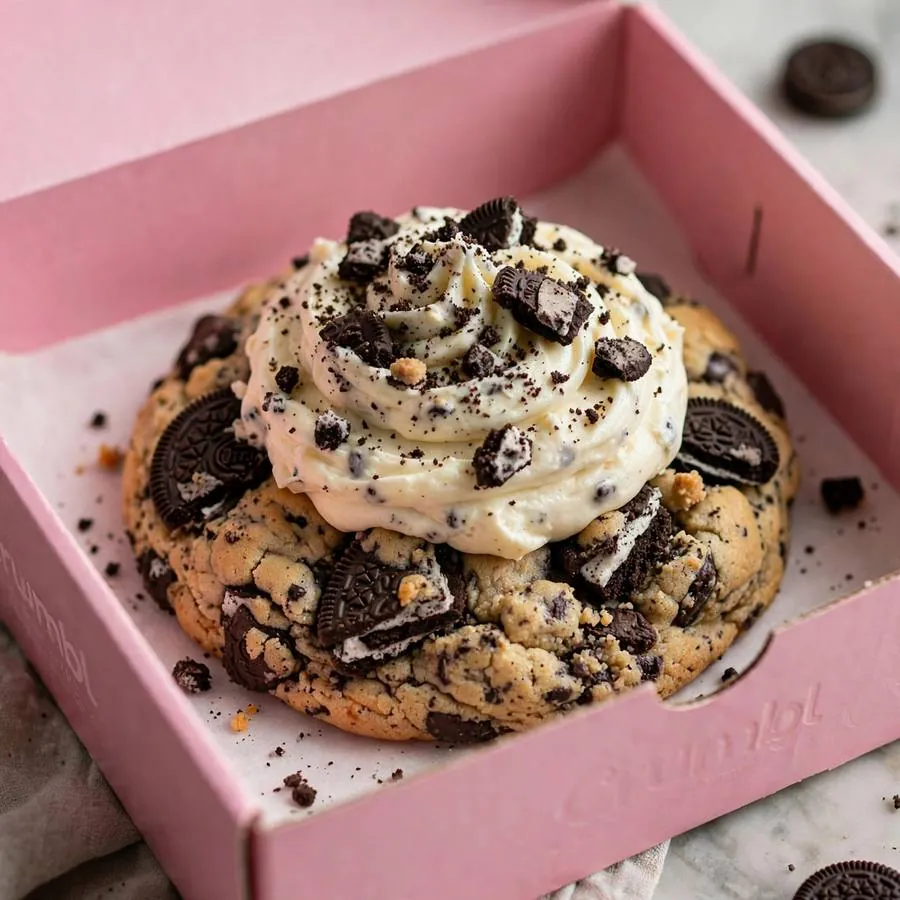 Cookies Cream Cheesecake cookie in a pink bakery box