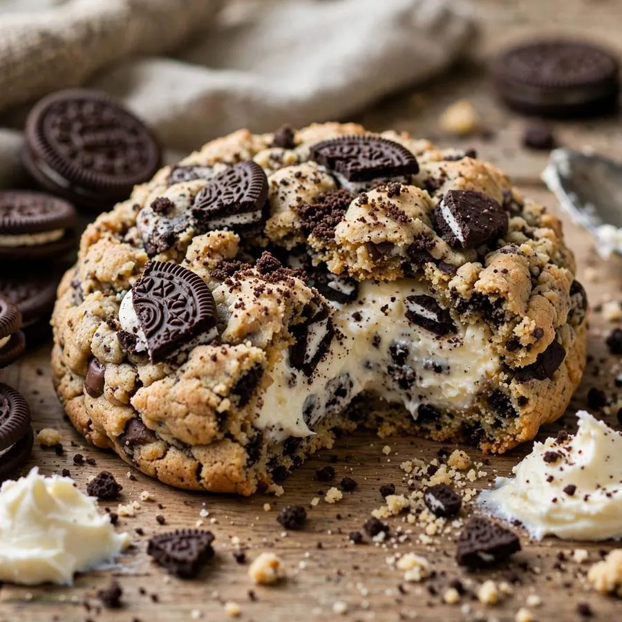 Cookies Cream Cheesecake cookie with chocolate sandwich cookies and cream cheese on a wooden table