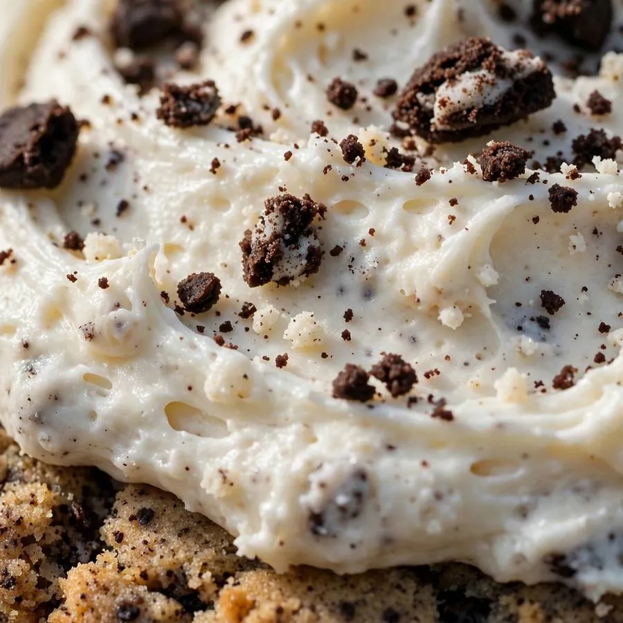 Extreme close-up of the Cookies and Cream Crumbl Cookie showing cookie crumb pieces folded into white cream frosting detail