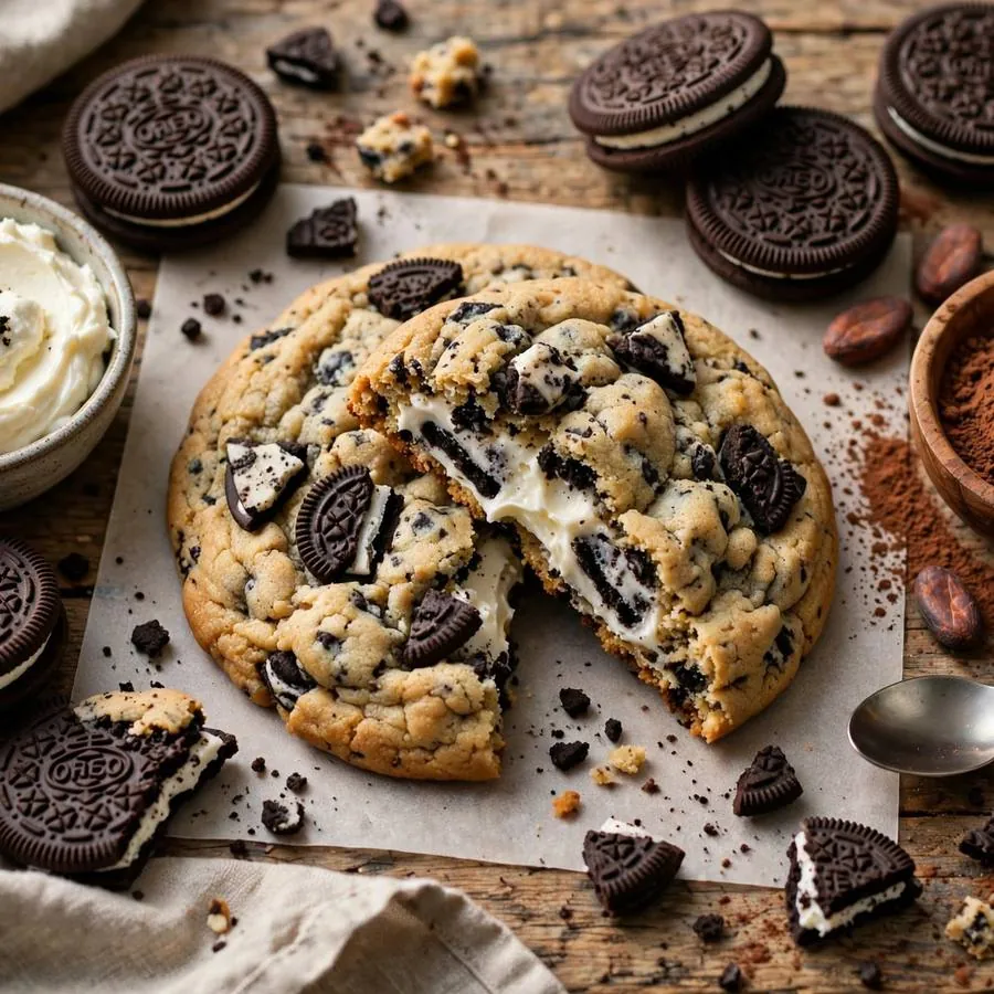 Cookies and Cream Crumbl Cookie with sandwich cookies, cream cheese and cocoa arranged on a rustic wooden table
