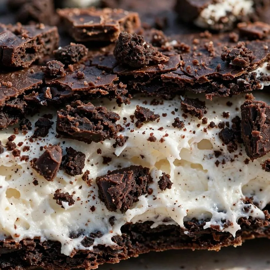 Extreme close-up of crushed chocolate cookie pieces and white cream swirls on a thin cookie Extreme close-up of crushed chocolate cookie pieces and white cream swirls on a thin cookie