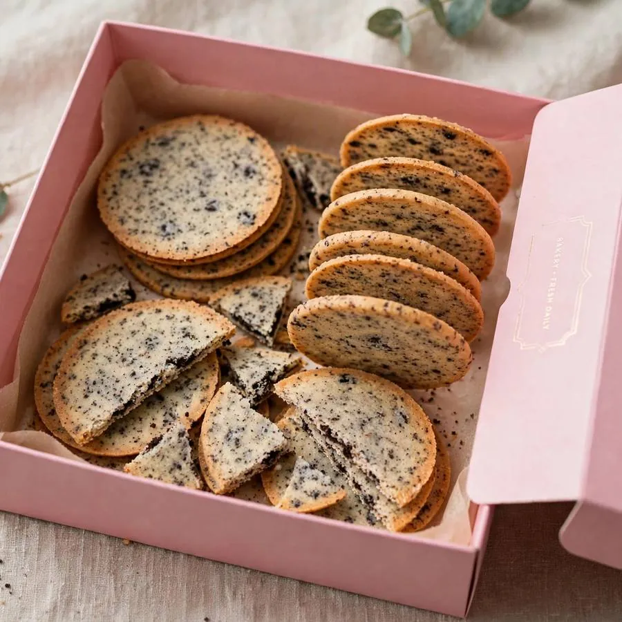 Cookies and cream cookie thins served in a pink bakery box Cookies and cream cookie thins served in a pink bakery box