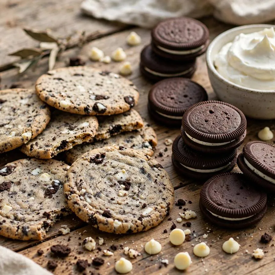 Cookies and cream cookie thin beside chocolate sandwich cookies, white chocolate chips and cream on a wooden table Cookies and cream cookie thin beside chocolate sandwich cookies, white chocolate chips and cream on a wooden table