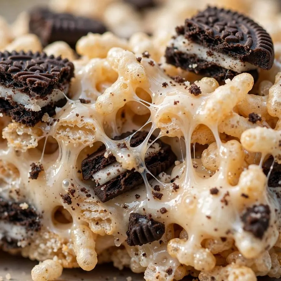 Crushed Oreo cookie chunks in the gooey marshmallow crispy bar