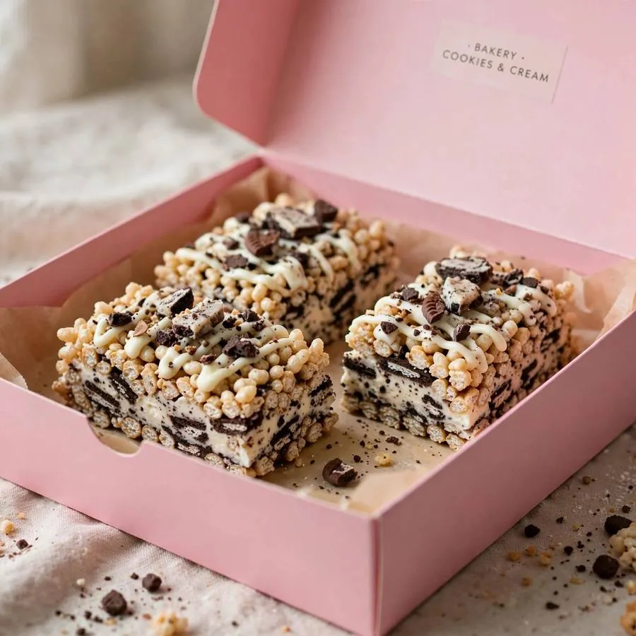 Cookies and cream krispy bar presented in a pink Crumbl bakery box