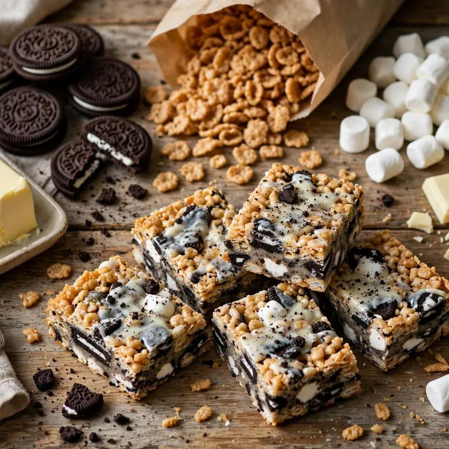 Cookies and cream krispy bar with sandwich cookies, marshmallows and crispy rice on a wooden table