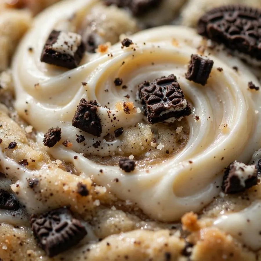 Extreme close-up of the Cookies and Cream Milkshake Cookie ft. Mini Oreo cookie showing mini Oreo pieces over vanilla cream swirl detail