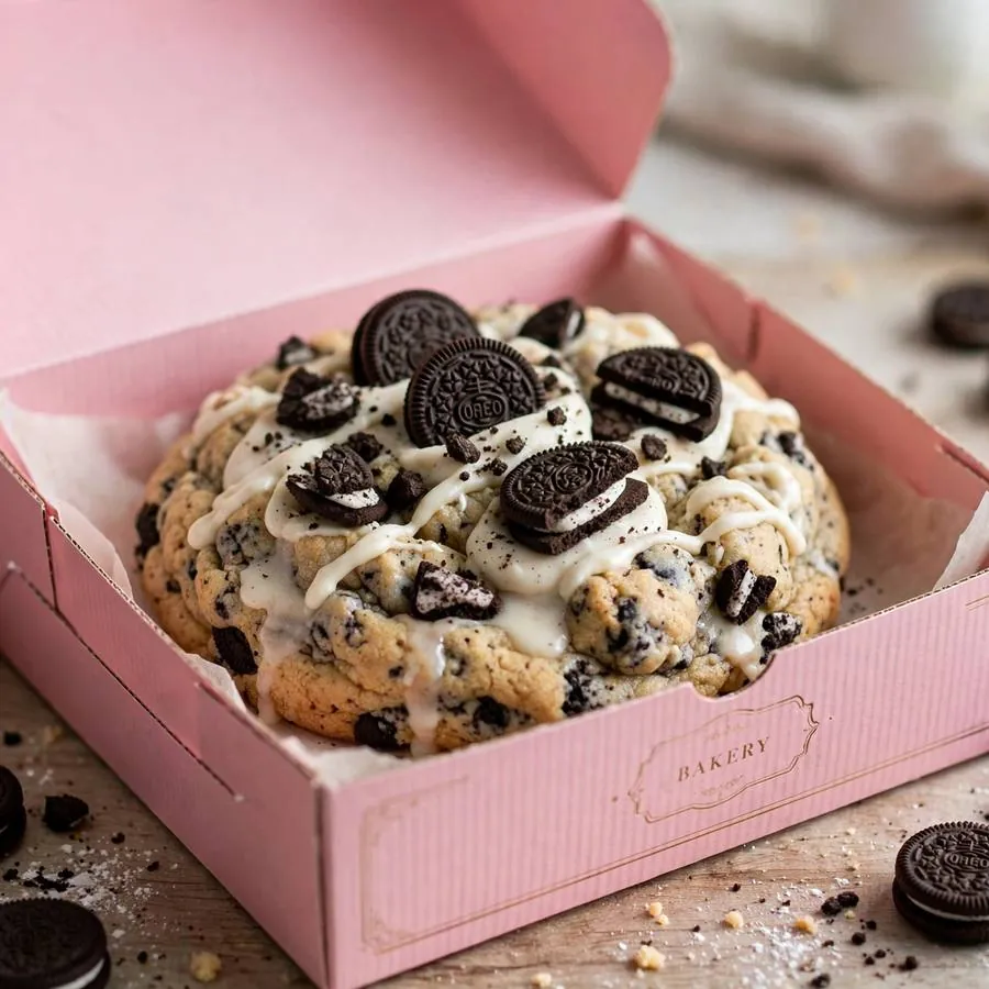 Cookies and Cream Milkshake Cookie ft. Mini Oreo cookie served in a pink bakery box