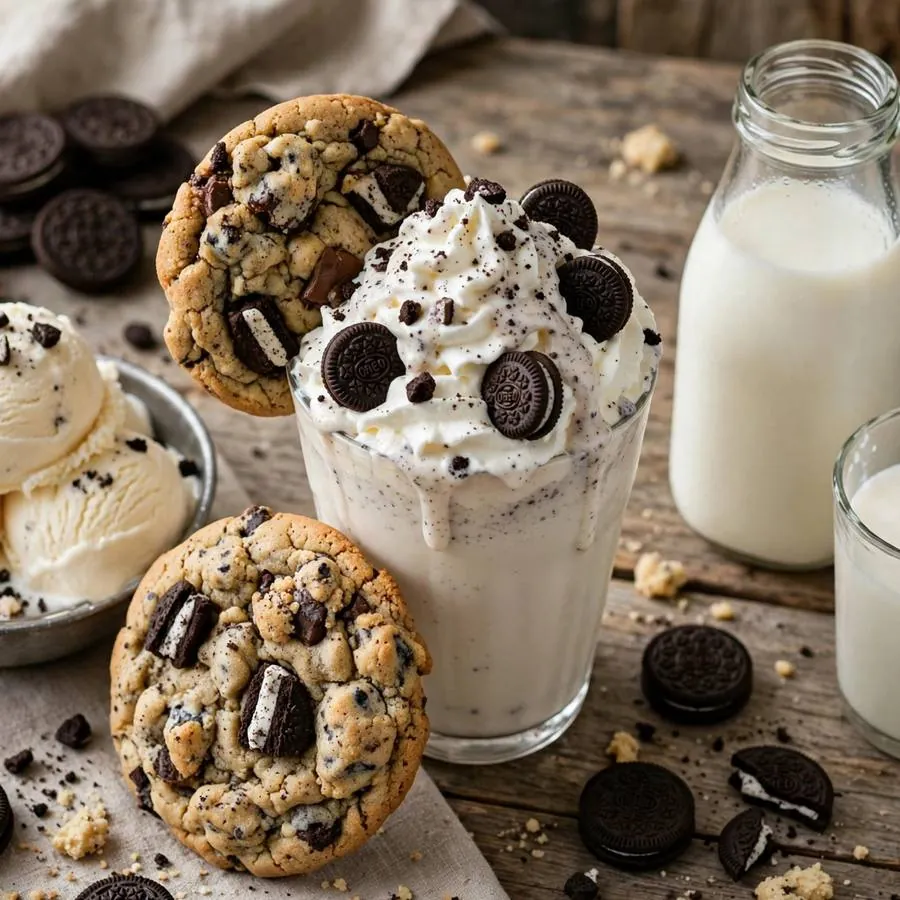 Cookies and Cream Milkshake Cookie ft. Mini Oreo cookie with mini Oreo cookies, vanilla ice cream and milk arranged on a rustic wooden table
