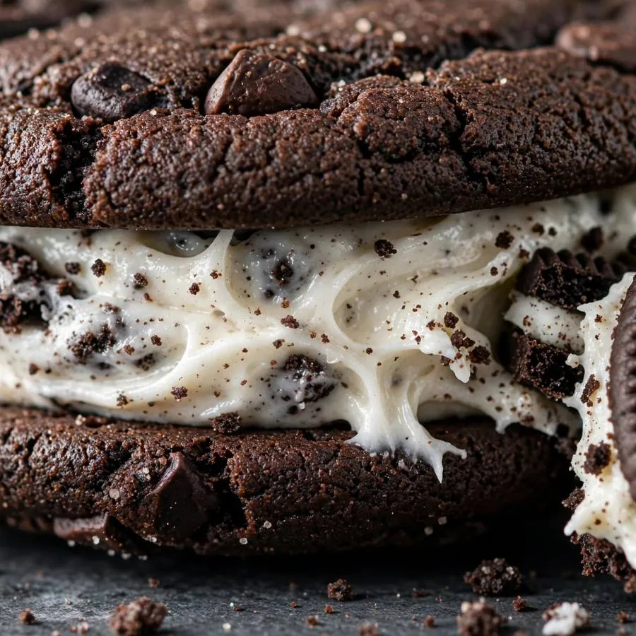 Cream filling layered between chocolate sandwich cookie halves