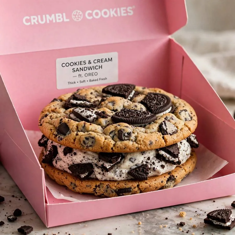 Cookies Cream Sandwich cookie with Oreo pieces in a pink bakery box