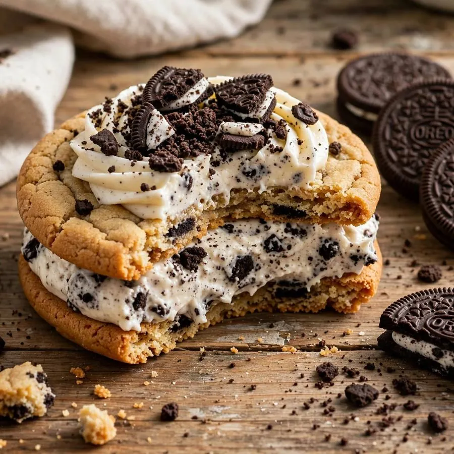 Cookies Cream Sandwich cookie with sandwich cookies and crumbs on a wooden table