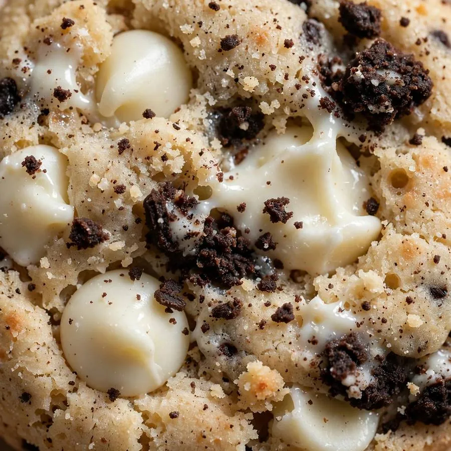 Extreme close-up of white chocolate chips and crushed cookie pieces on a cocoa cookie