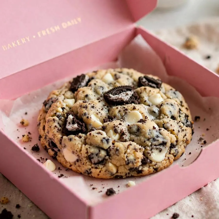Cookies and cream white chip cookie served in a pink bakery box