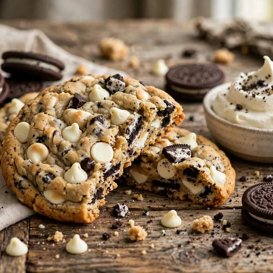 Cookies and cream white chip cookie beside white chocolate chips, sandwich cookies and cream on a wooden table