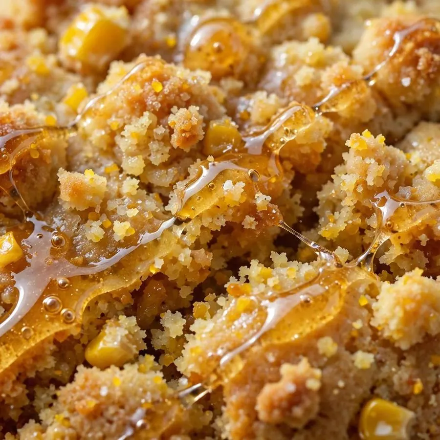 Honey glaze and corn crumb topping on Cornbread Crumbl Cookie