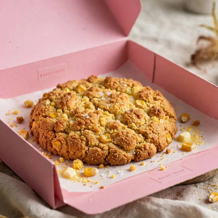 Cornbread Crumbl Cookie in a pink bakery box