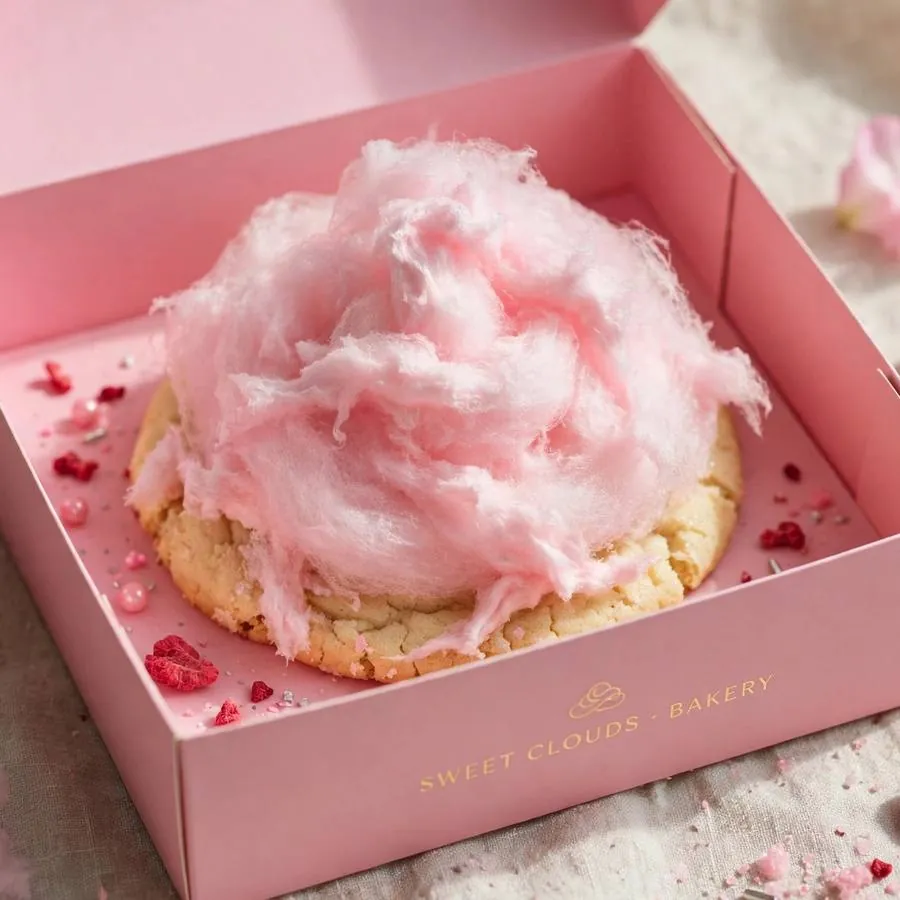 Cotton candy cookie presented in a pink Crumbl bakery box