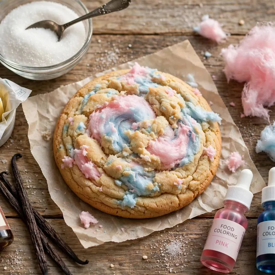 Cotton candy cookie with pink and blue cotton candy tufts and sugar on a wooden table