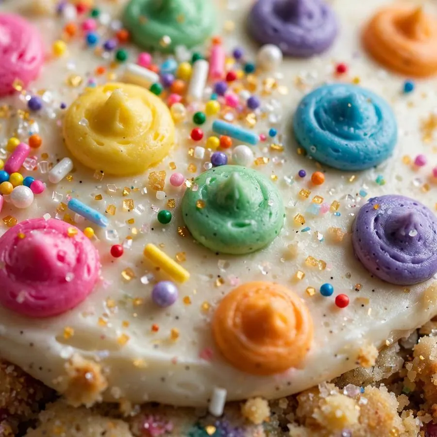 Extreme close-up of the Dot Cake Crumbl showing colorful polka-dot frosting and sprinkles detail