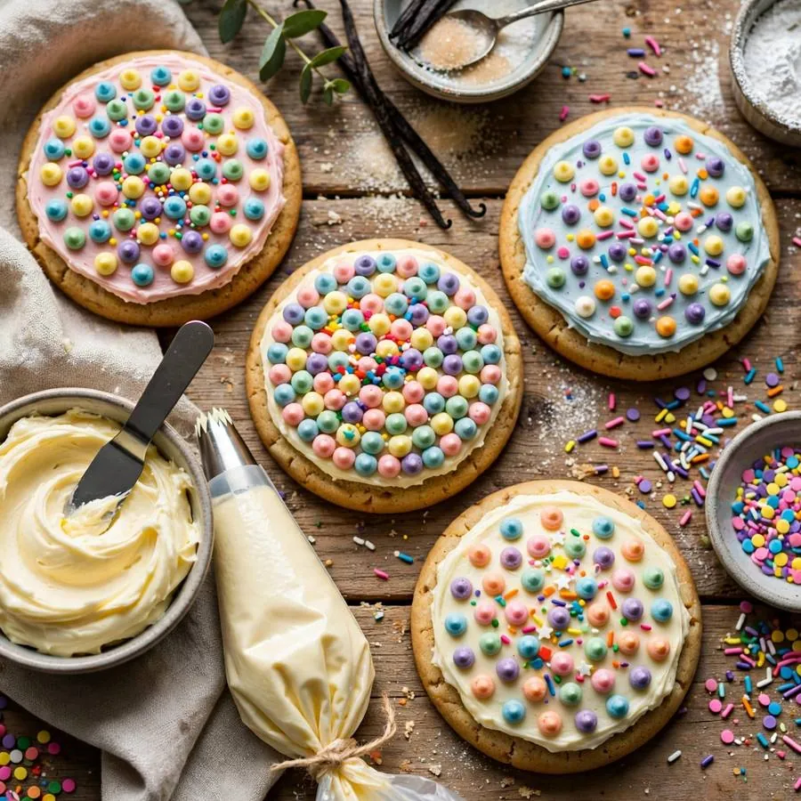 Dot Cake Crumbl with colorful frosting, sprinkles and buttercream arranged on a rustic wooden table