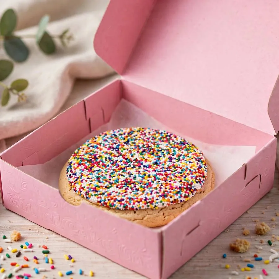 Dot Cake cookie in a pink bakery box