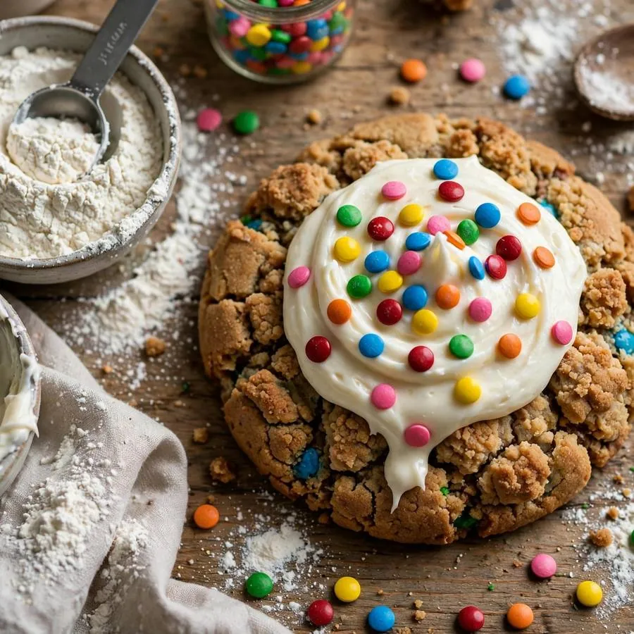 Dot Cake cookie with candy dots, cake flour and frosting on a wooden table