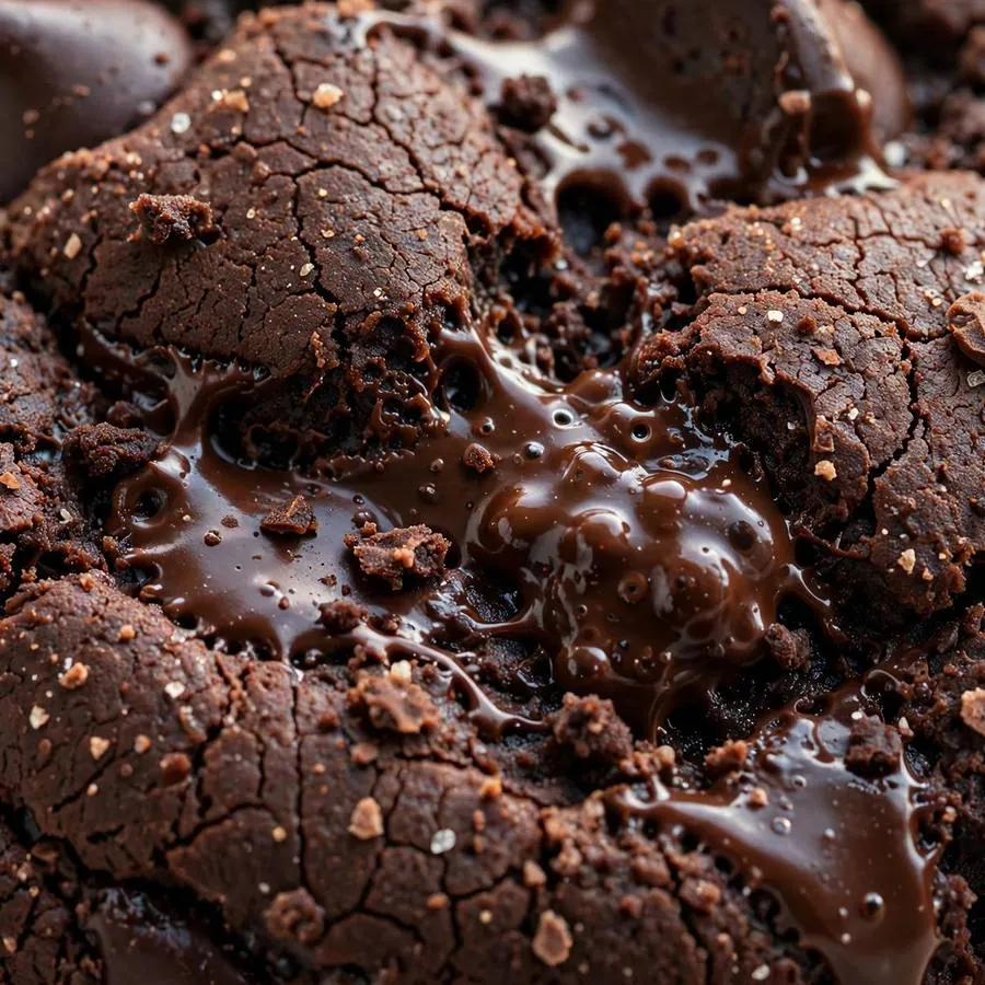 Extreme close-up of melted dark chocolate chips pooling on a cocoa cookie