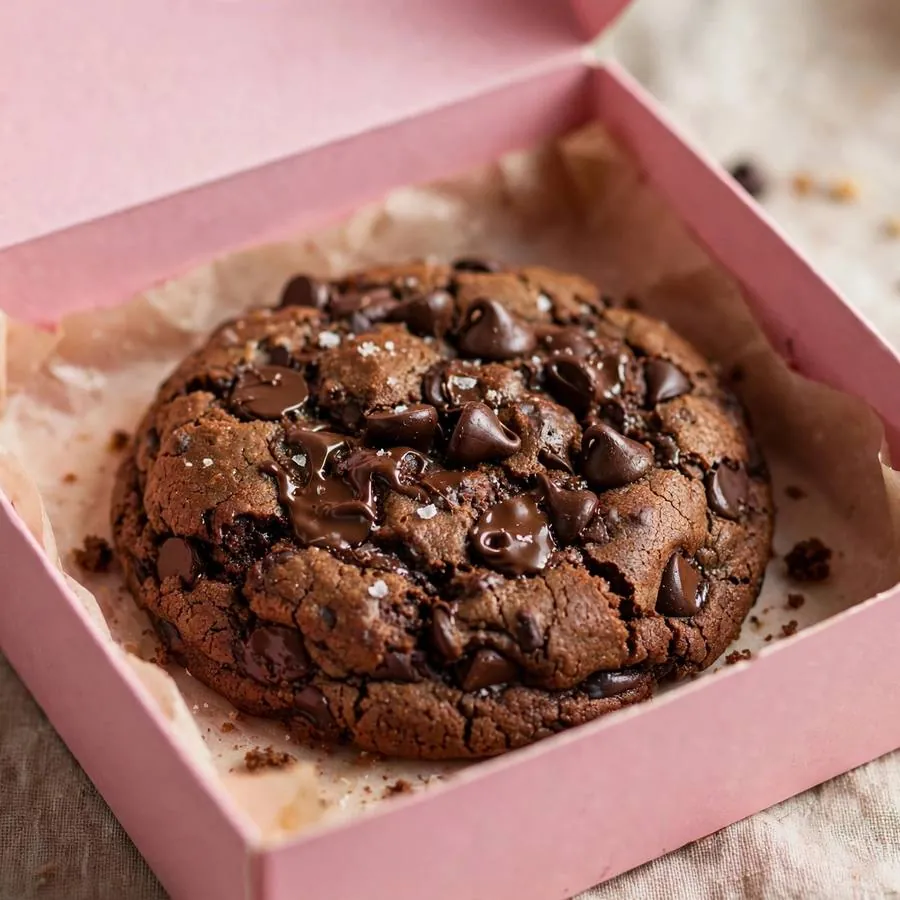Double chocolate chip cookie served in a pink bakery box
