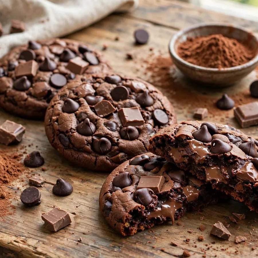 Double chocolate chip cookie beside dark chocolate chips, milk chocolate chunks and cocoa powder on a wooden table