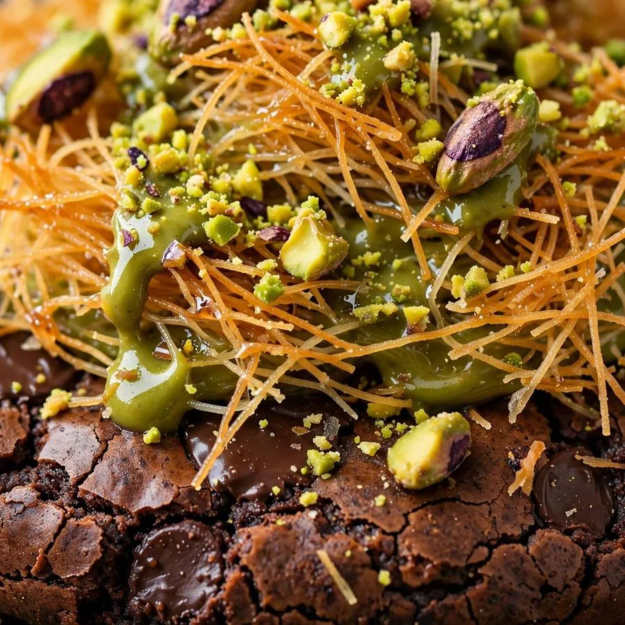 Pistachio knafeh topping on Dubai-Style Chocolate Brownie Crumbl