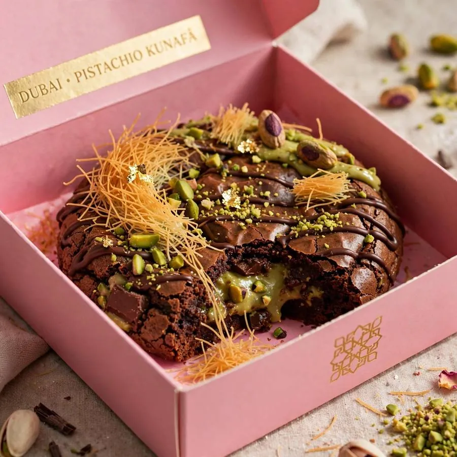 Dubai-Style Chocolate Brownie Crumbl in a pink bakery box