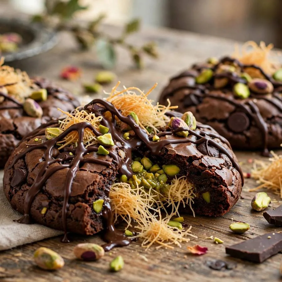 Dubai-Style Chocolate Brownie Crumbl with pistachios, knafeh pastry shreds and dark chocolate