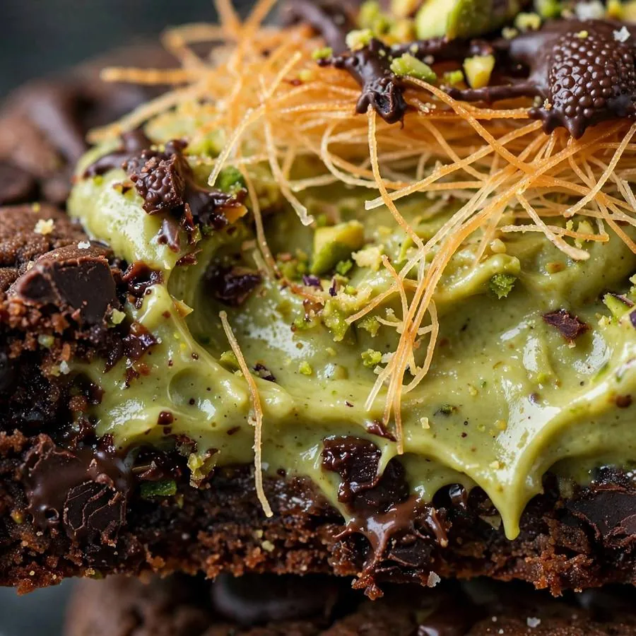 Pistachio cream filling and crispy kataifi strands in the Dubai style cookie